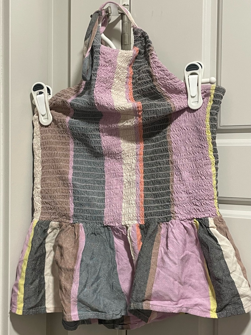 Patrons of Peace Lavender Pink Gray Striped Smocked Halter Top